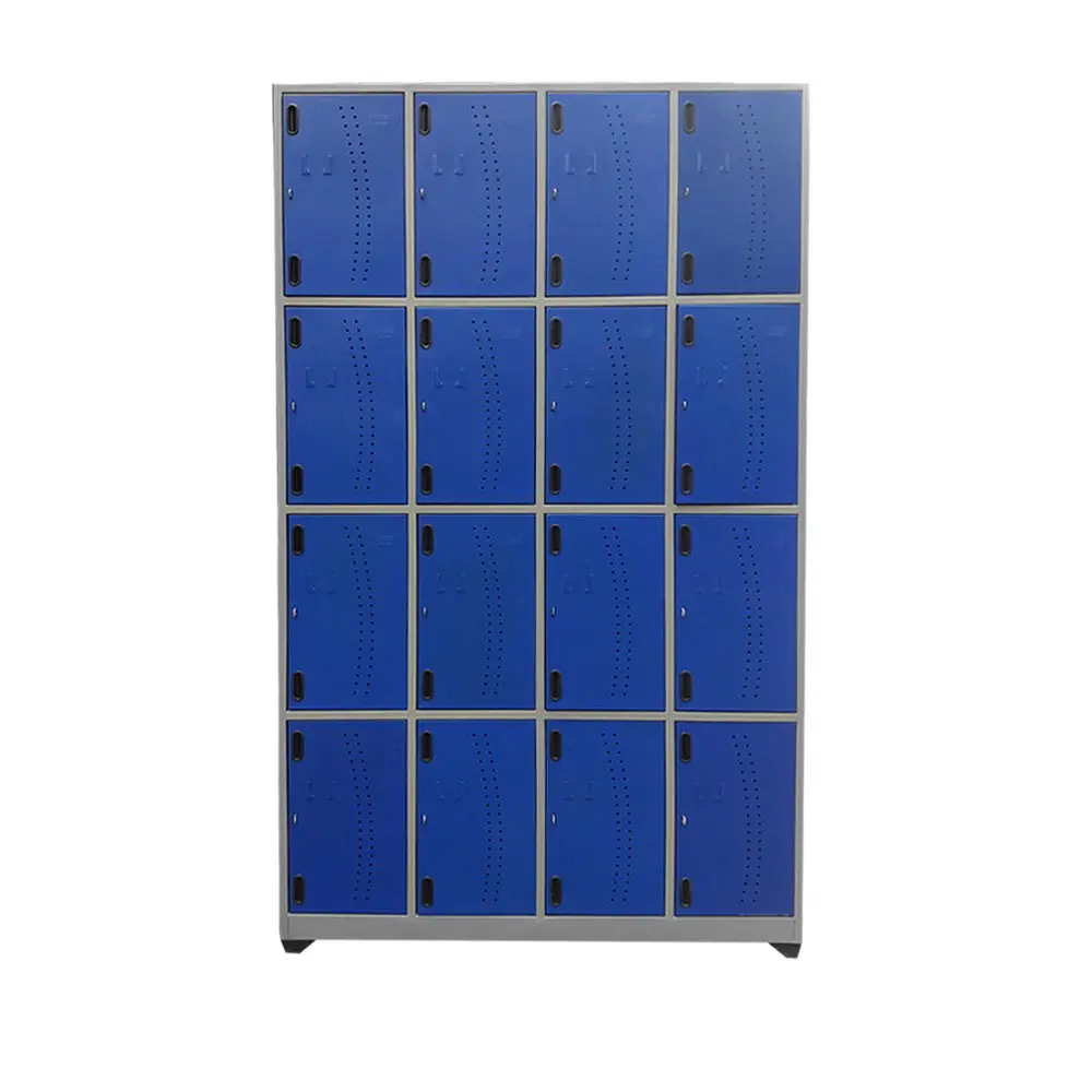 Locker metálico de 16 puestos en color azul, ideal para almacenamiento seguro en oficinas y vestuarios.