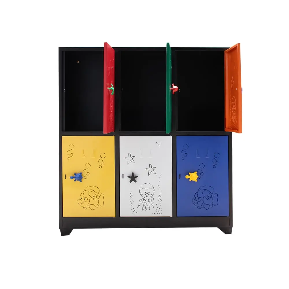 Locker metálico infantil de 6 puestos con puertas multicolores y detalles de animales.