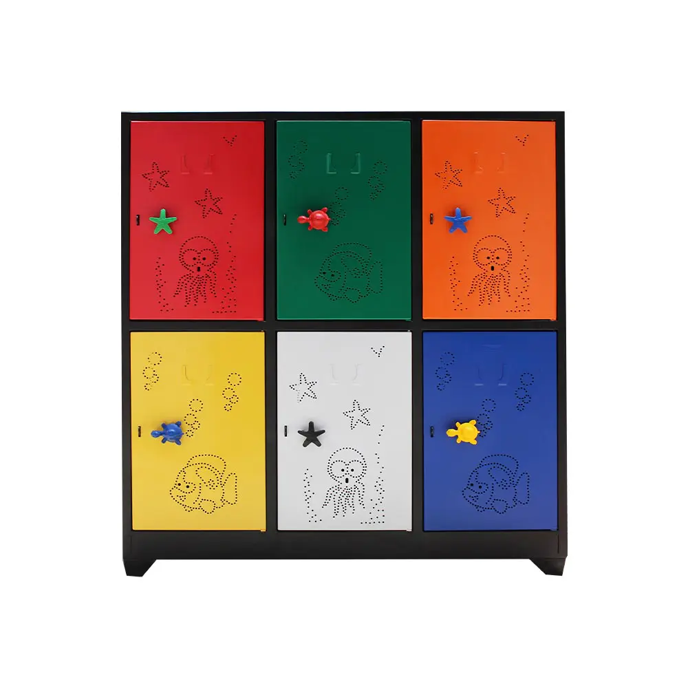 Locker metálico infantil de 6 puestos con puertas multicolores y detalles de animales.