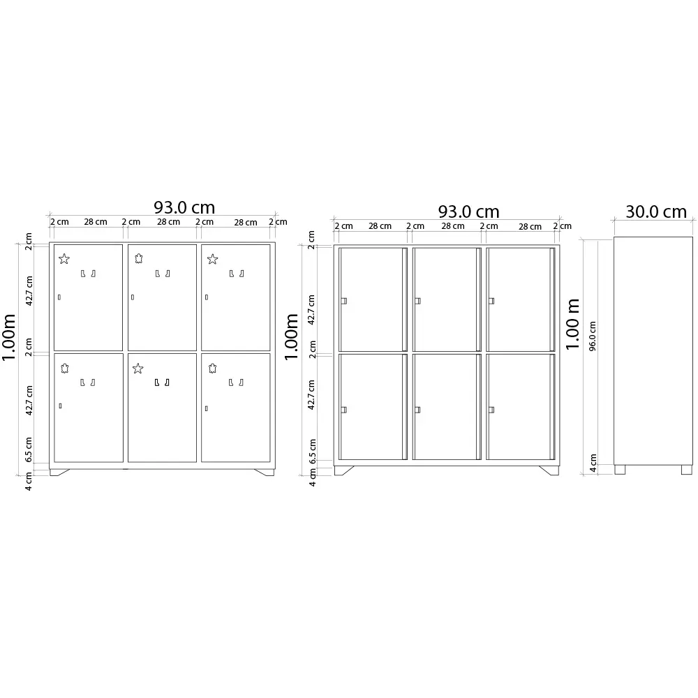 Locker metálico infantil de 6 puestos con puertas multicolores y detalles de animales.