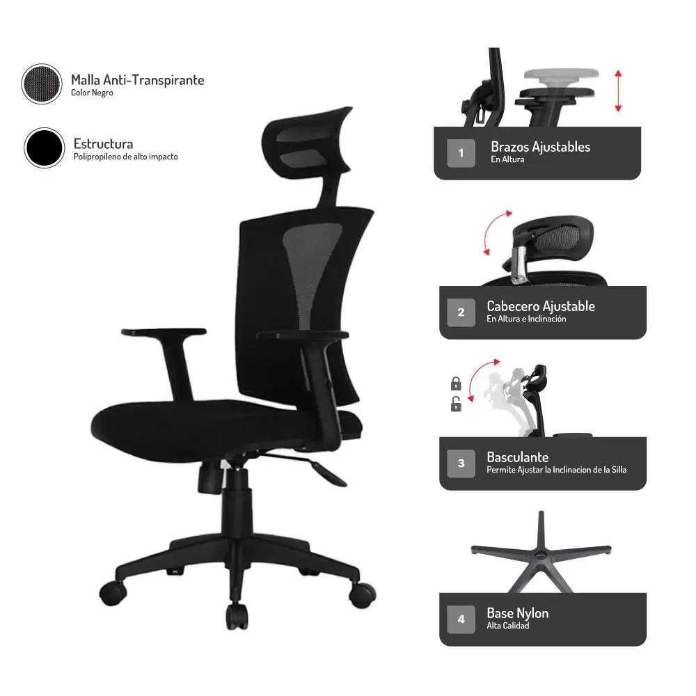 Mecanismo de silla Praga con cabecero y base de nylon