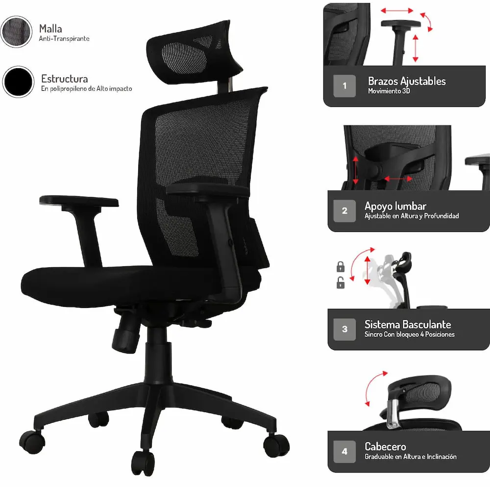 Mecanismo de silla Nairobi con cabecero – Ajuste ergonómico y confort para oficina