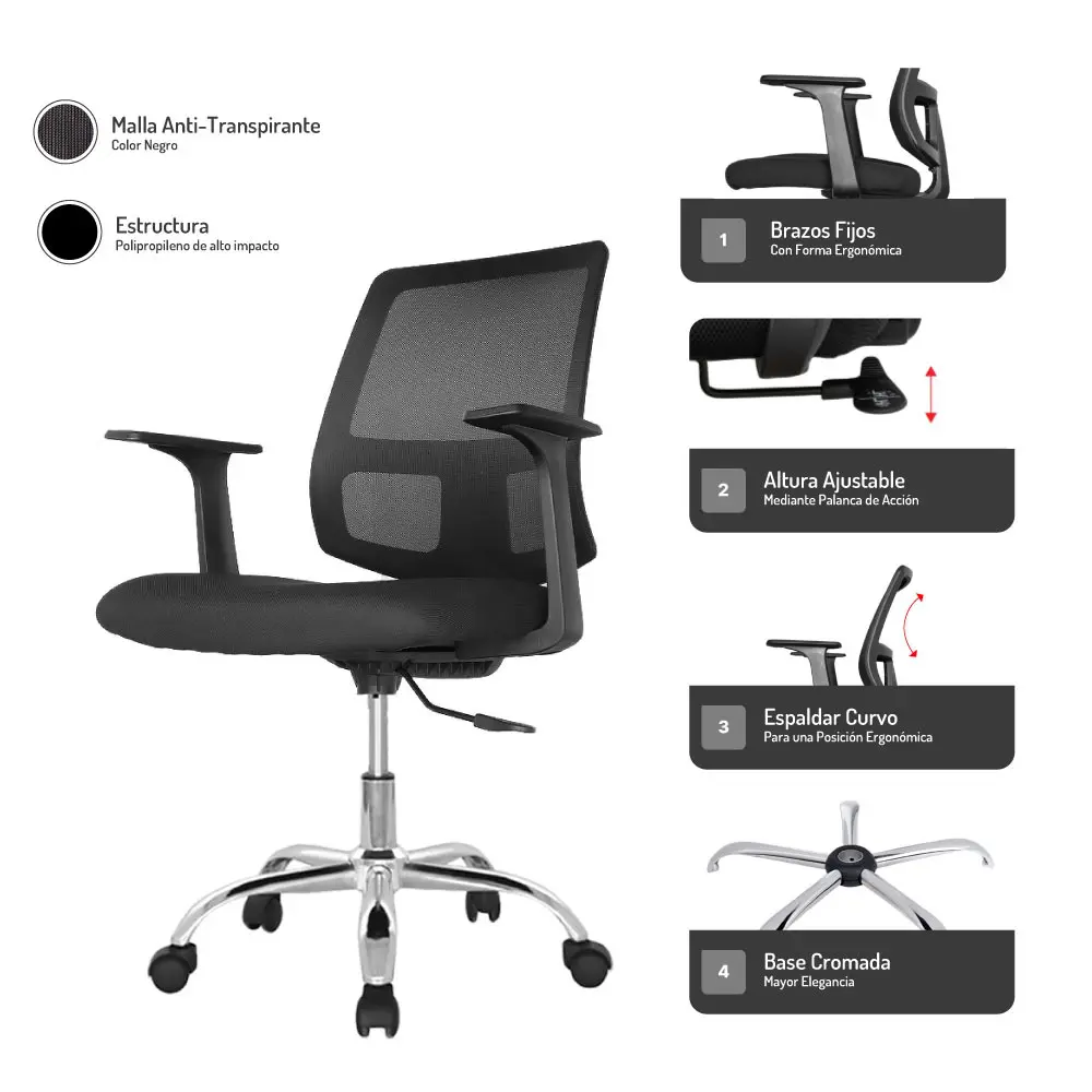 Mecanismo de silla Rusia cromo – Diseño ergonómico con base cromada para un estilo moderno y comodidad en oficinas
