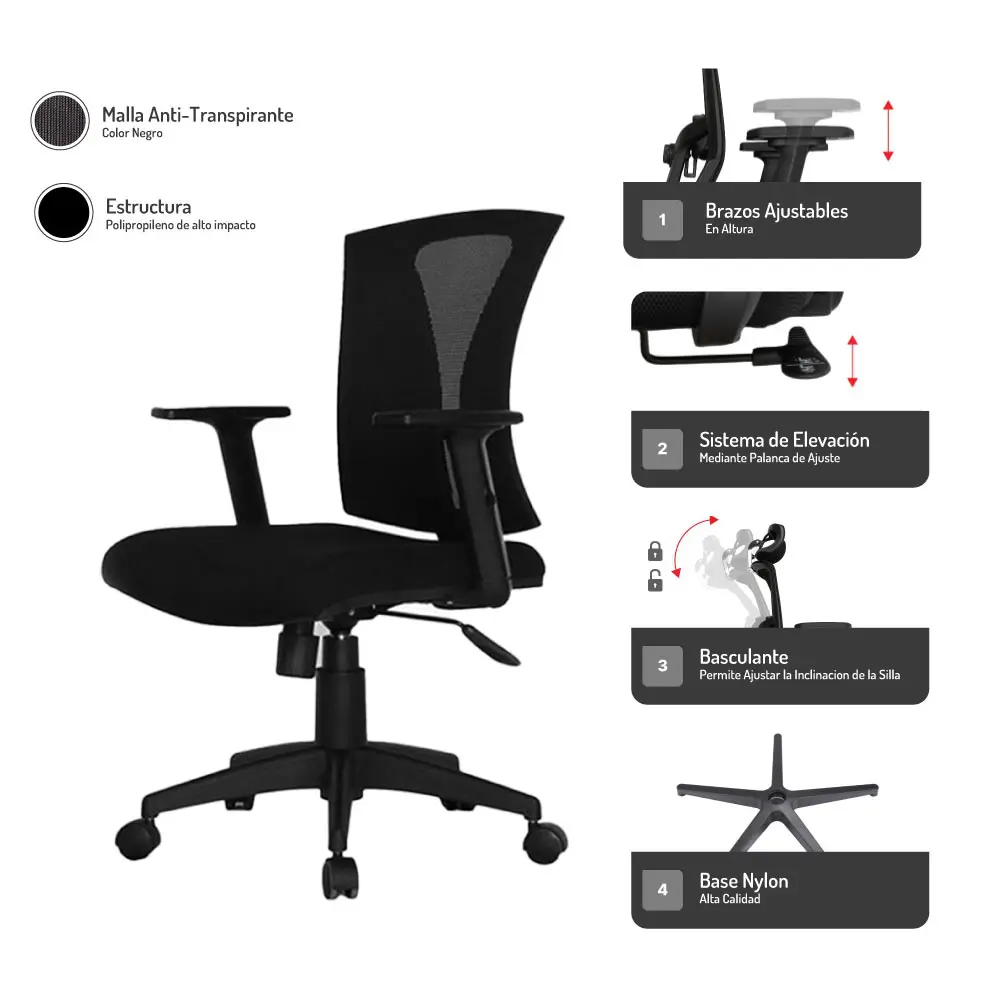 Mecanismos de la silla Praga para ajuste ergonómico.