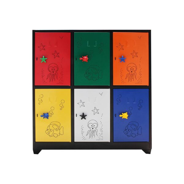 Locker metálico infantil de 6 puestos con puertas multicolores y detalles de animales.