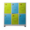 Locker metálico infantil de 6 puestos con puertas multicolores y detalles de animales.